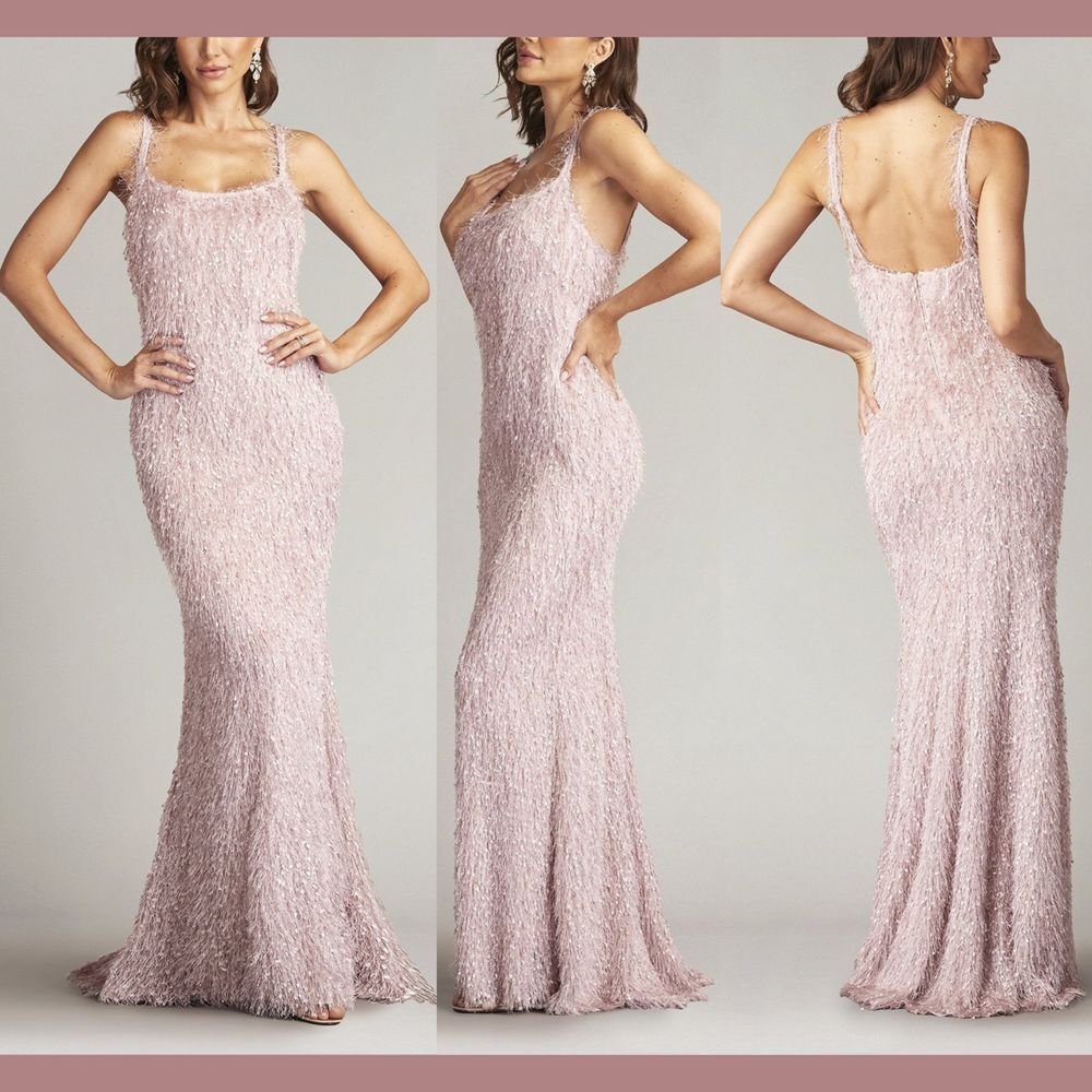 NEW Tadashi Shoji [ Medium ]‎ Pip Eyelash Yarn Spaghetti Gown Mauve Pink